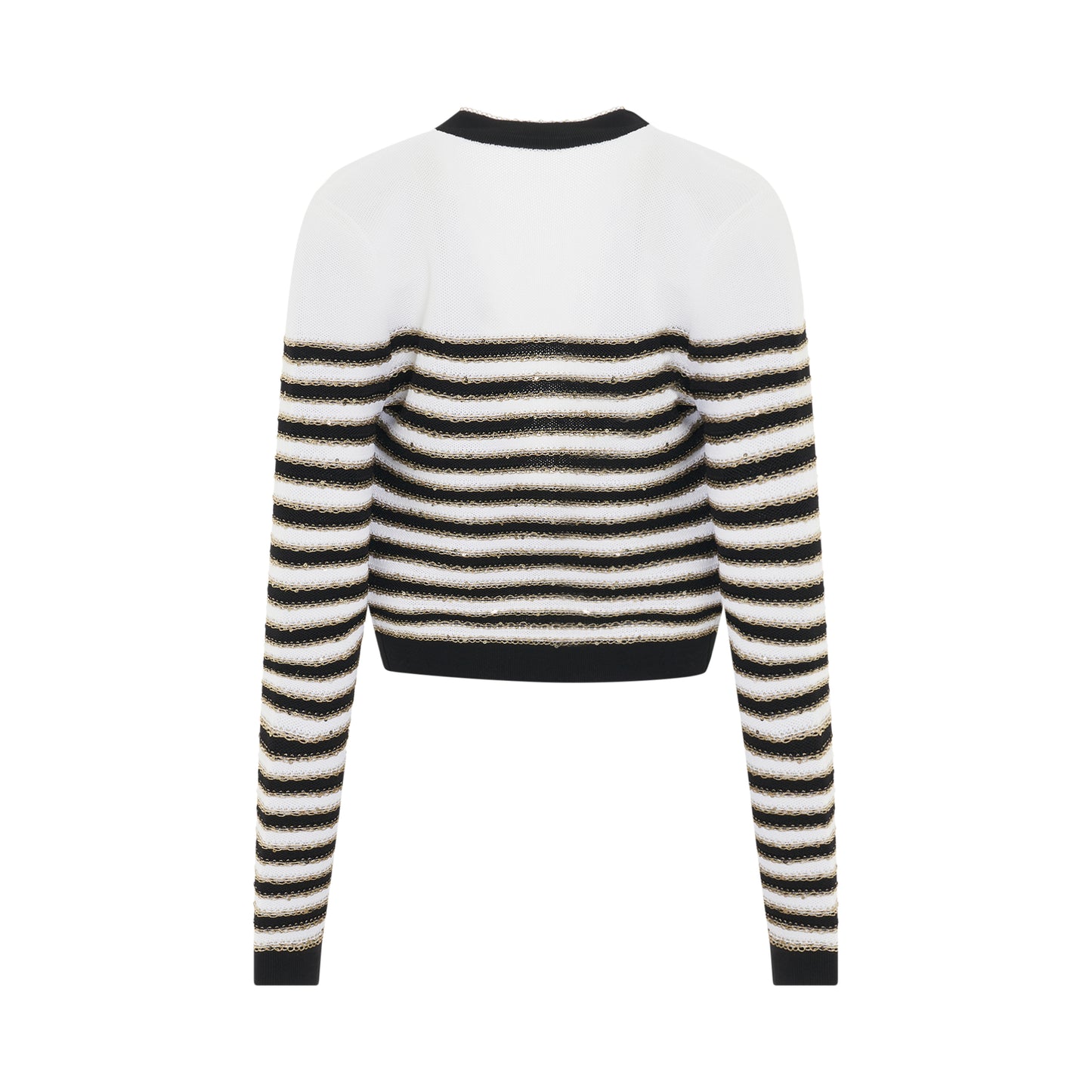 2 Pockets Side to Side Striped Knit Jacket in White/Black/Gold