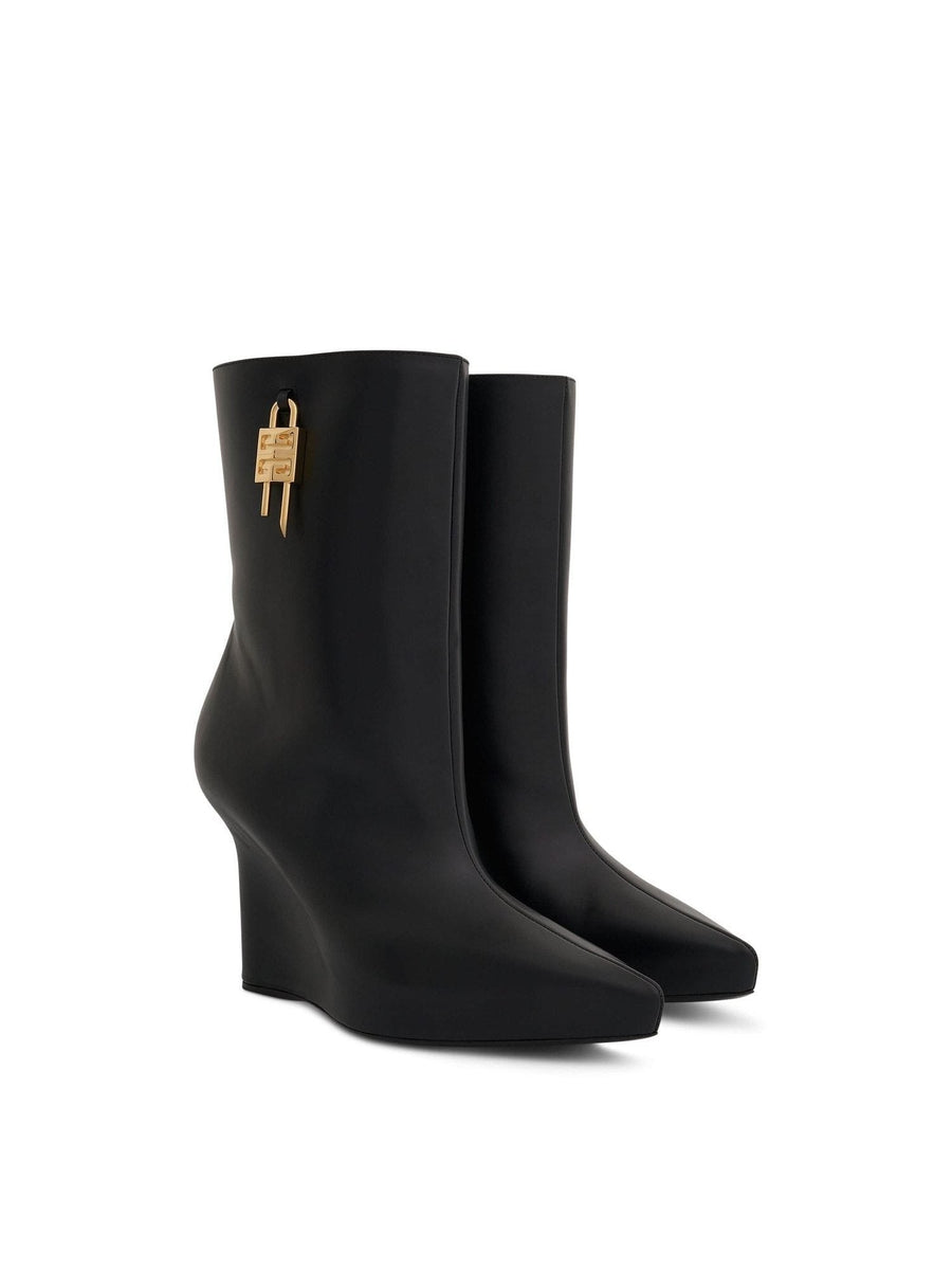 G Lock Wedge Low Box Leather Boots in Black Front View | GIVENCHY