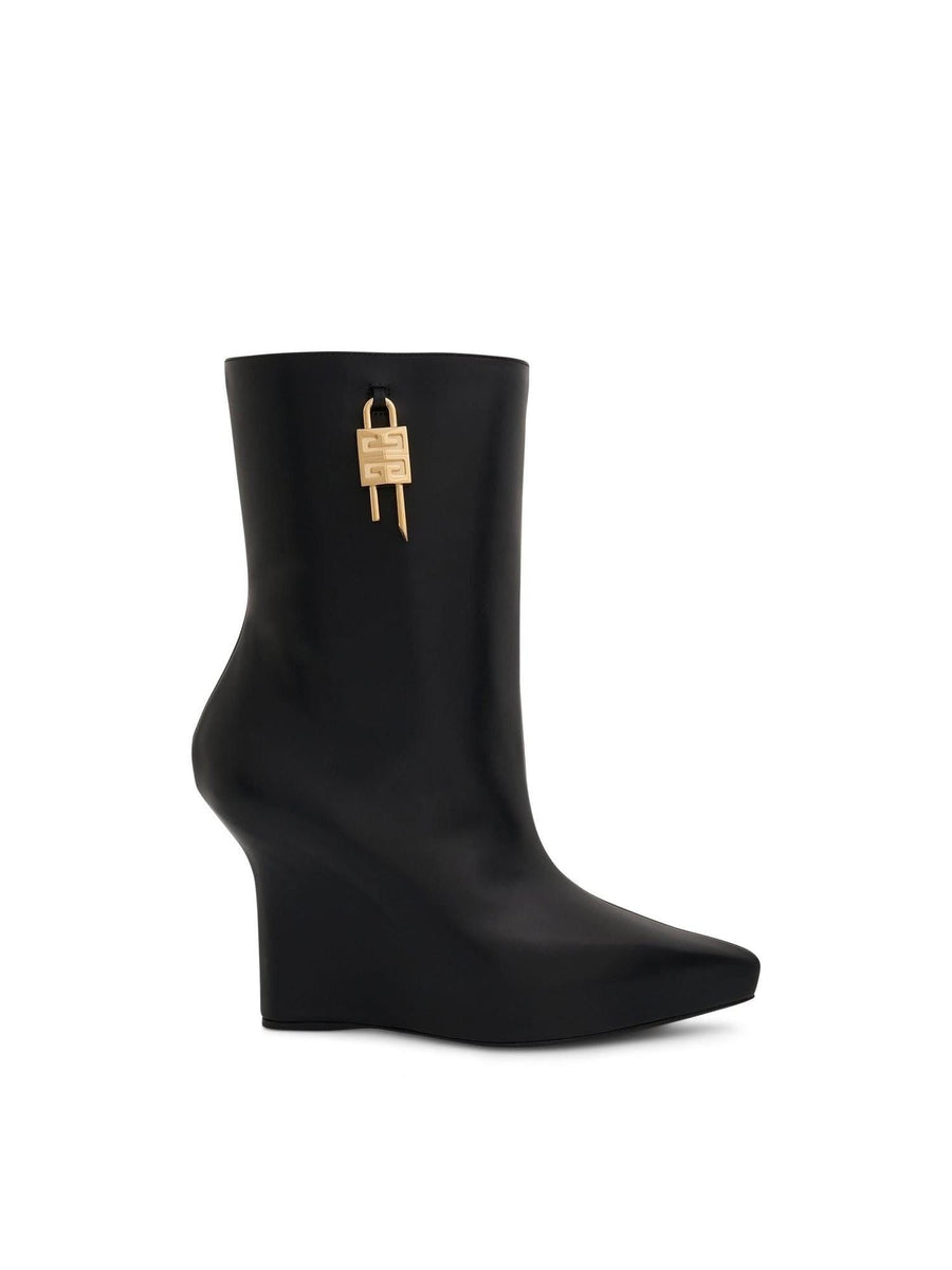 G Lock Wedge Low Box Leather Boots in Black Side View | GIVENCHY
