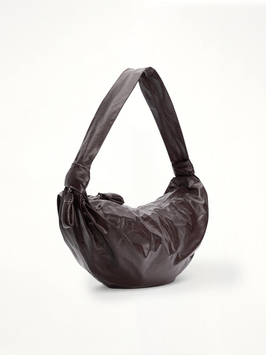 Soft Croissant Large Paper Leather Bag in Dark Chocolate