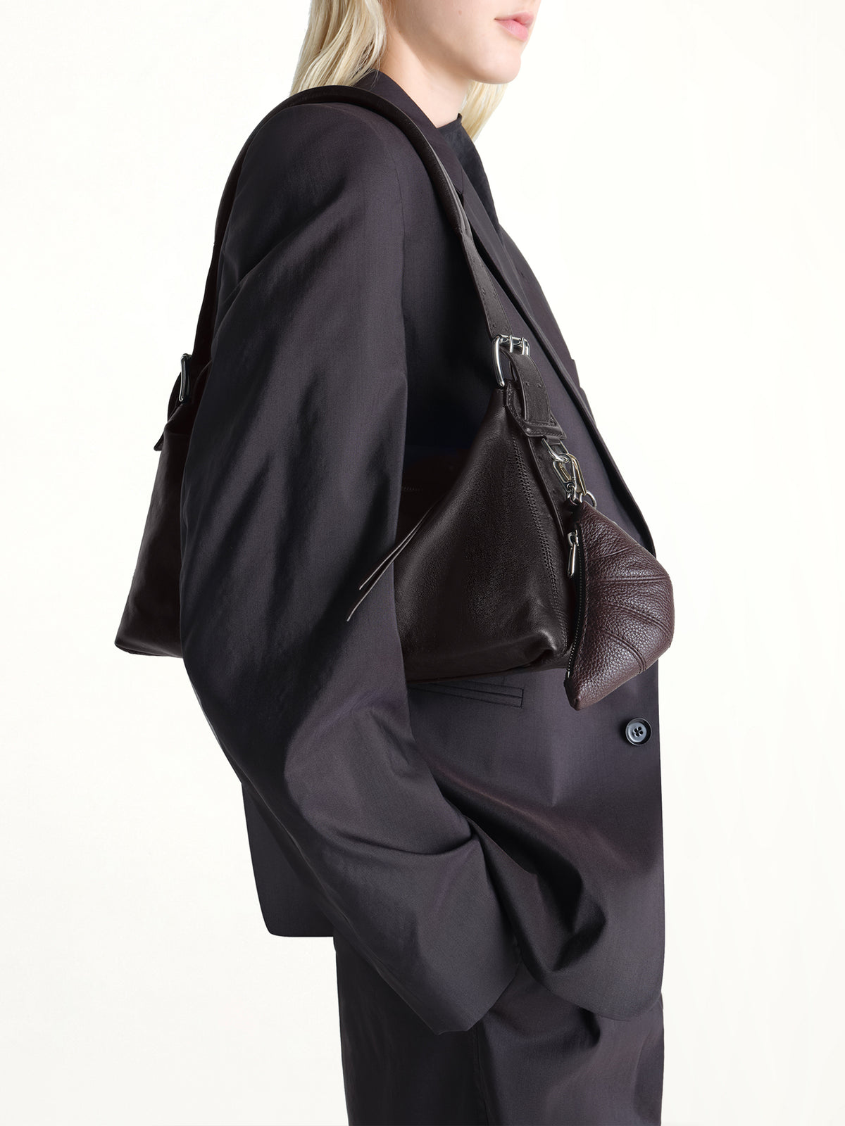 Belted Baguette Calfskin Bag in Dark Chocolate