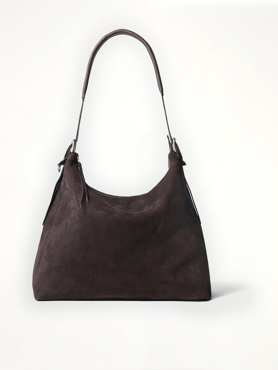 Belted Hobo Suede Bag in Ebony Brown