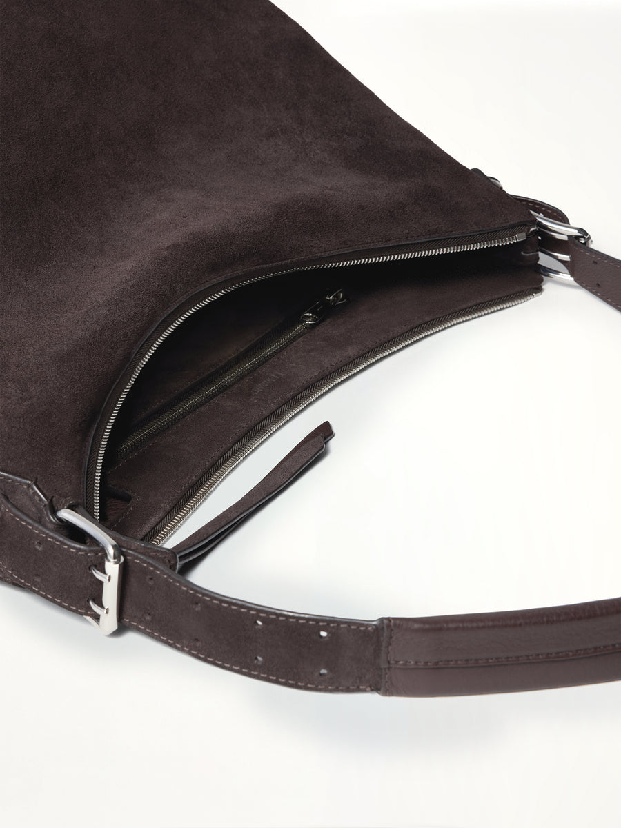 Belted Hobo Suede Bag in Ebony Brown