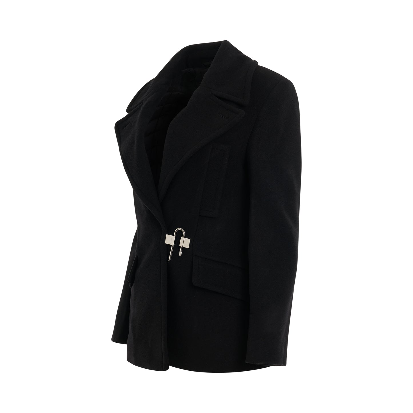 U-Lock Buckle Quilted Wool Peacoat in Black