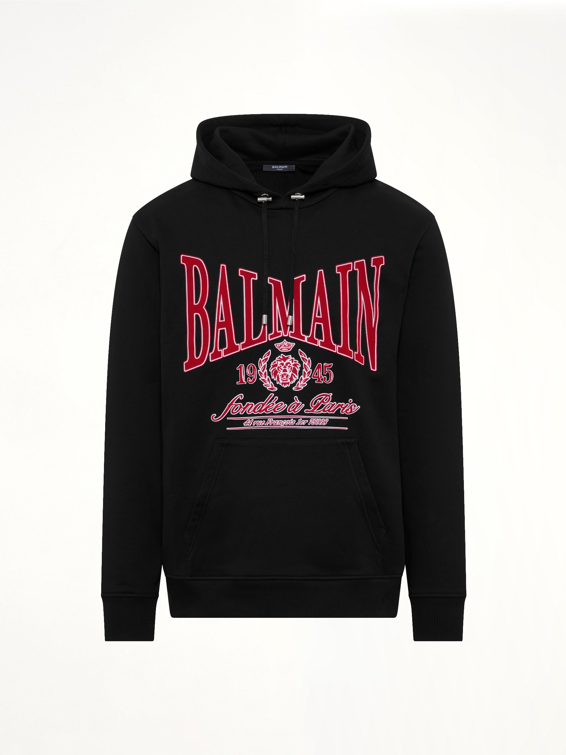 BALMAIN Balmain College Flock Hoodie in Black/Red Product Photo from MARAIS