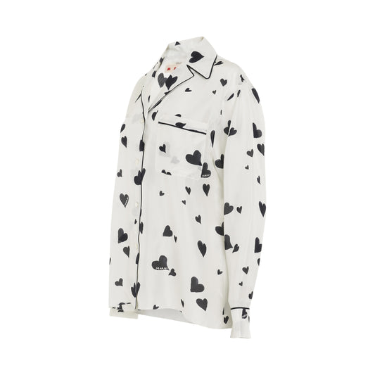 Heart-Printed Pyjama Shirt in Stone White