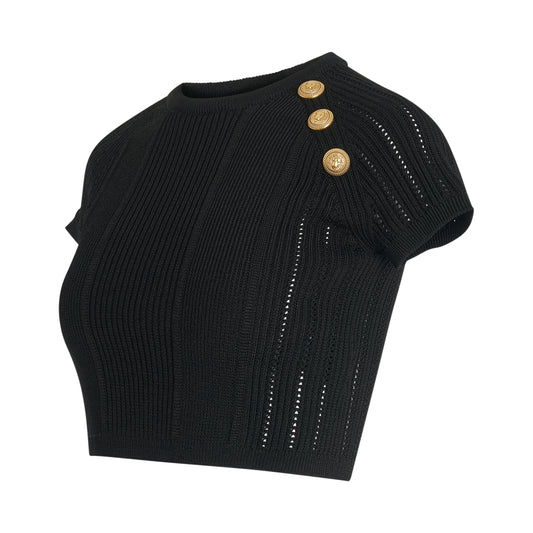 3 Button See Through Knit Crop Top in Black