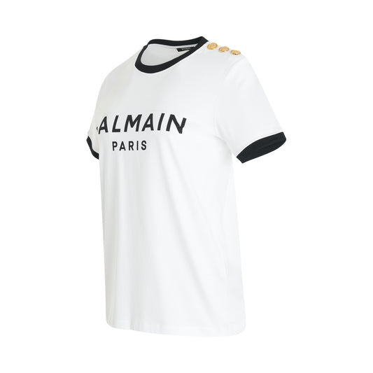 3 Button Balmain Print Bicolour T-Shirt in White/Black