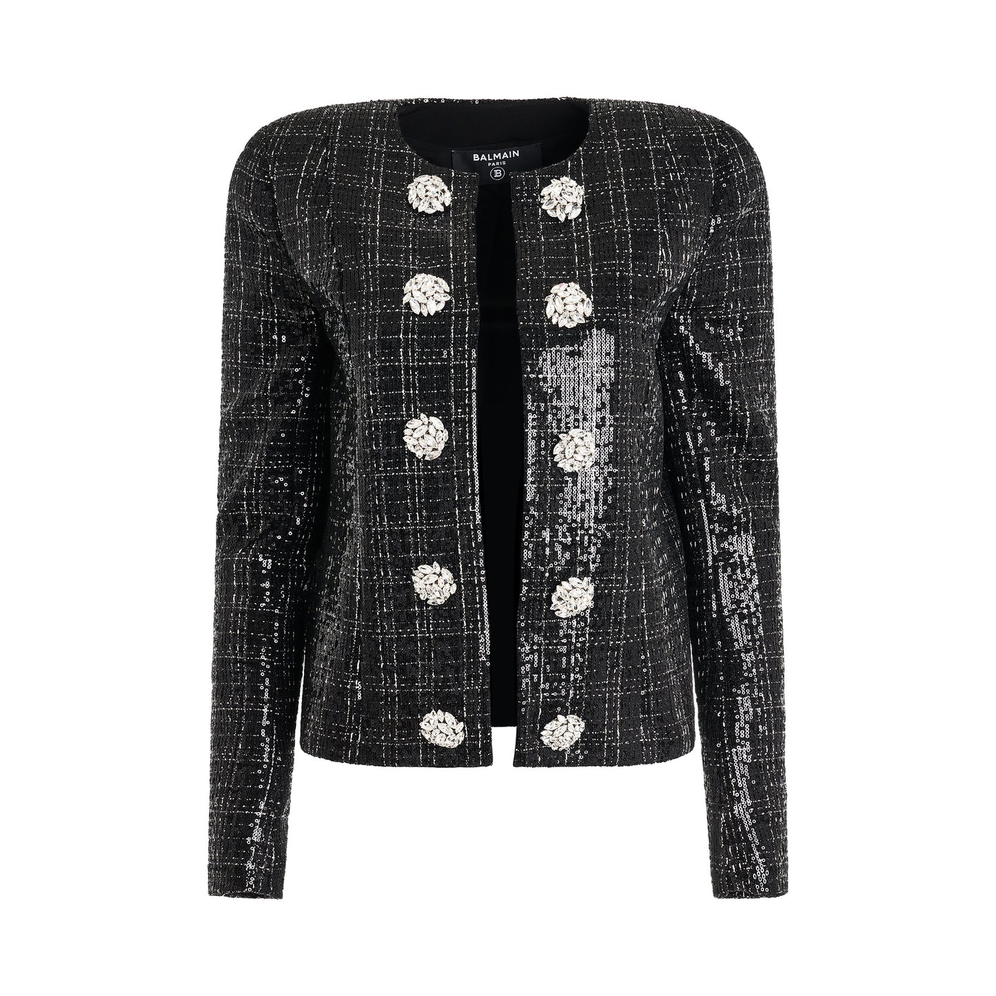 Jewellery Button Collarless Tweed Jacket in Black