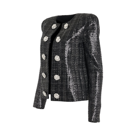 Jewellery Button Collarless Tweed Jacket in Black