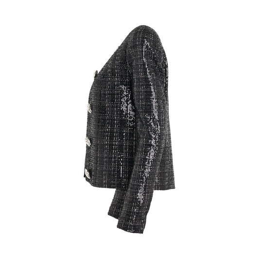 Jewellery Button Collarless Tweed Jacket in Black