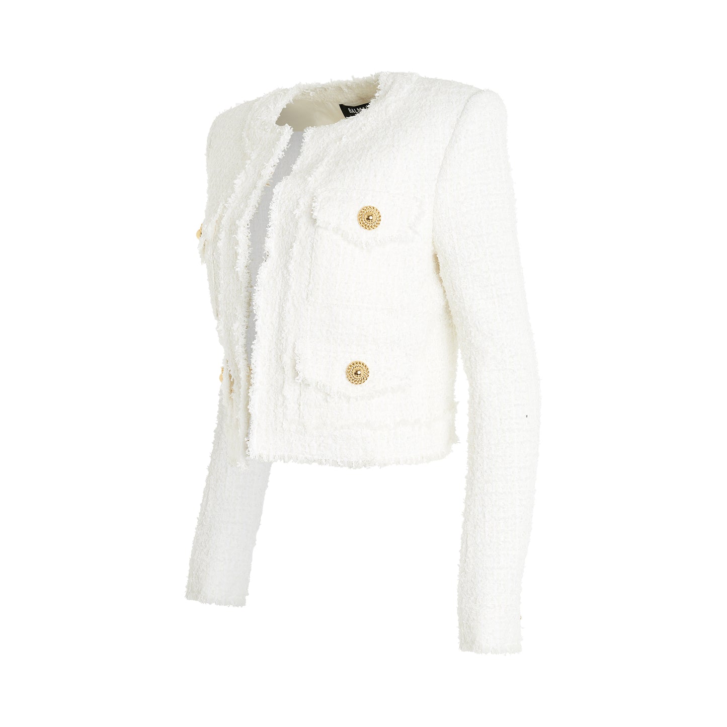 Collarless 4 Pocket Tweed Jacket in White