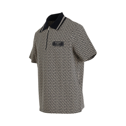 Monogram Jacquard Zipped Polo in Ivory/Black