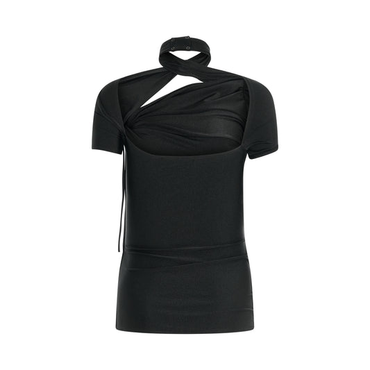 Asymmetric Draped Jersey Top in Black