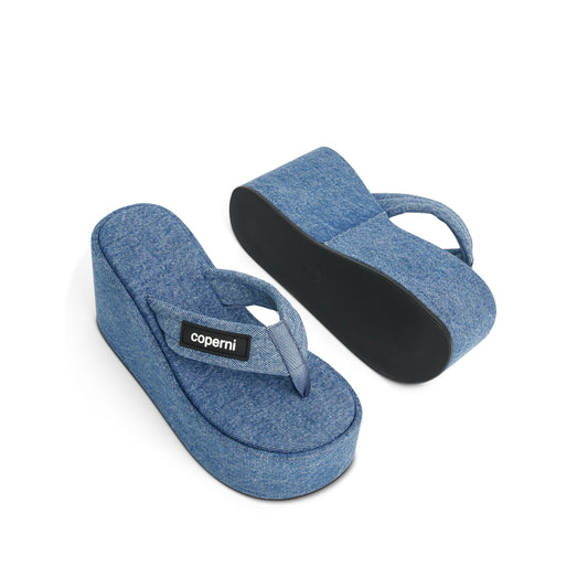 Denim Branded Wedge Sandal in Washed Blue