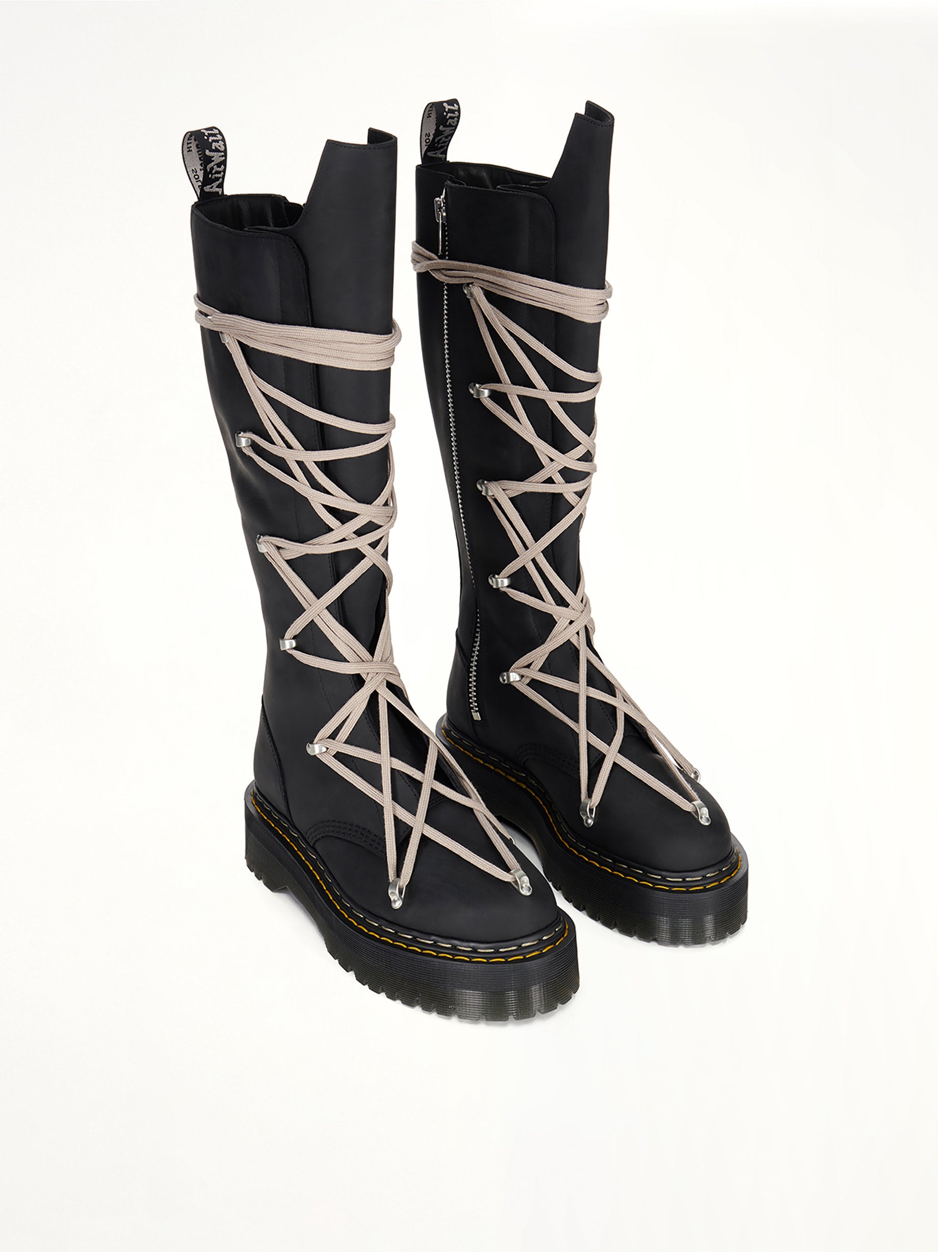 Rick Owens x Dr. Marten 1B60 Quad Sole Pentalace Boots in Black Front View | RICK OWENS