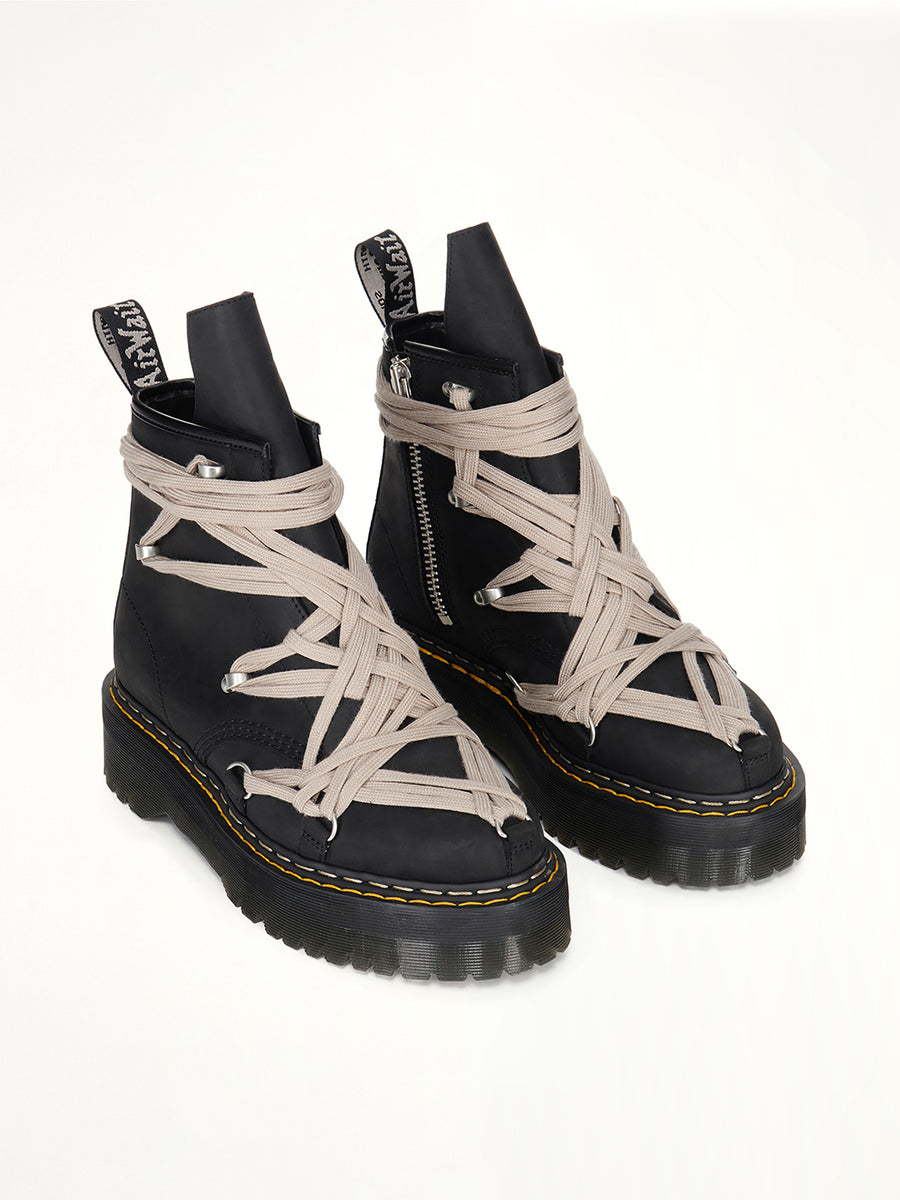 Rick Owens x Dr. Martens 1460 Quad Sole Megalace Boots in Black Front View | RICK OWENS