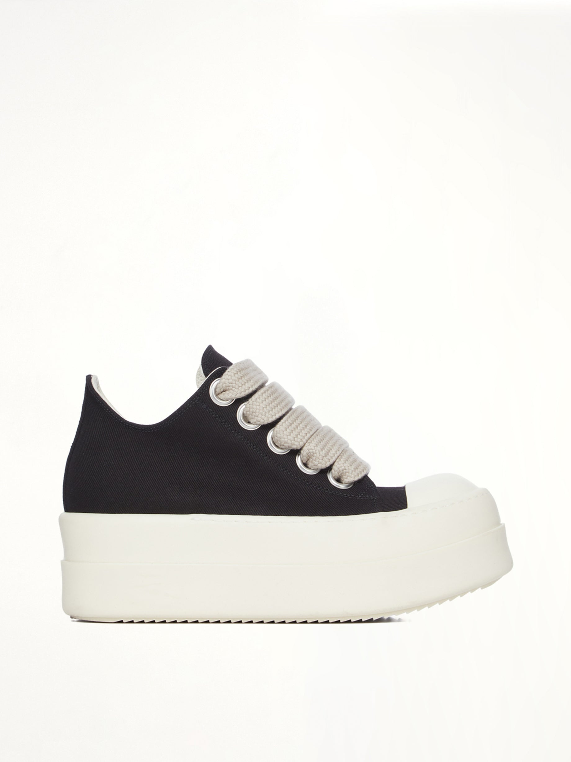RICK OWENS DRKSHDW Mega Bumper Jumbolace Low Sneaks in Black/Milk Side View from MARAIS