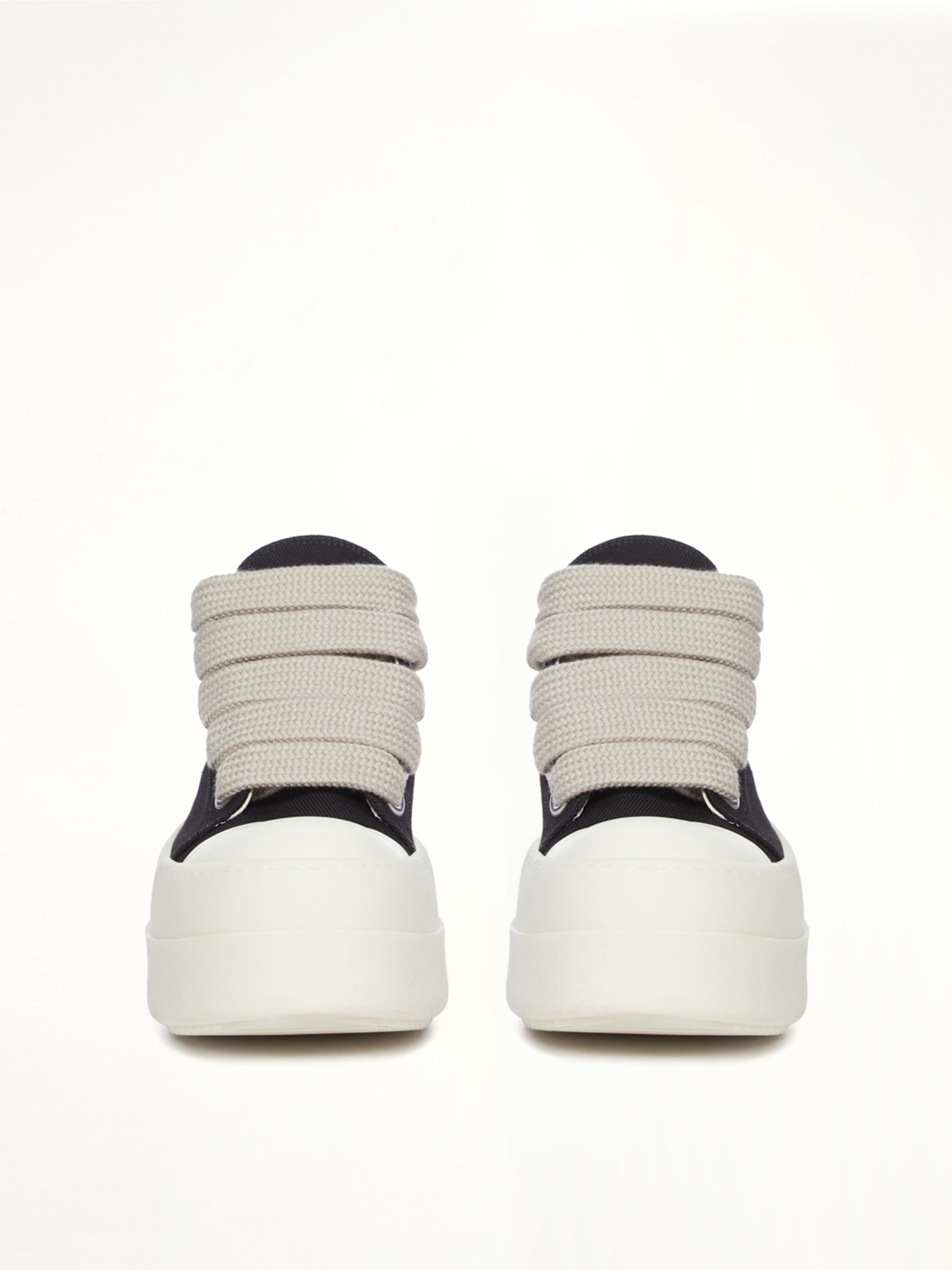 RICK OWENS DRKSHDW Mega Bumper Jumbolace Low Sneaks in Black/Milk Front View from MARAIS