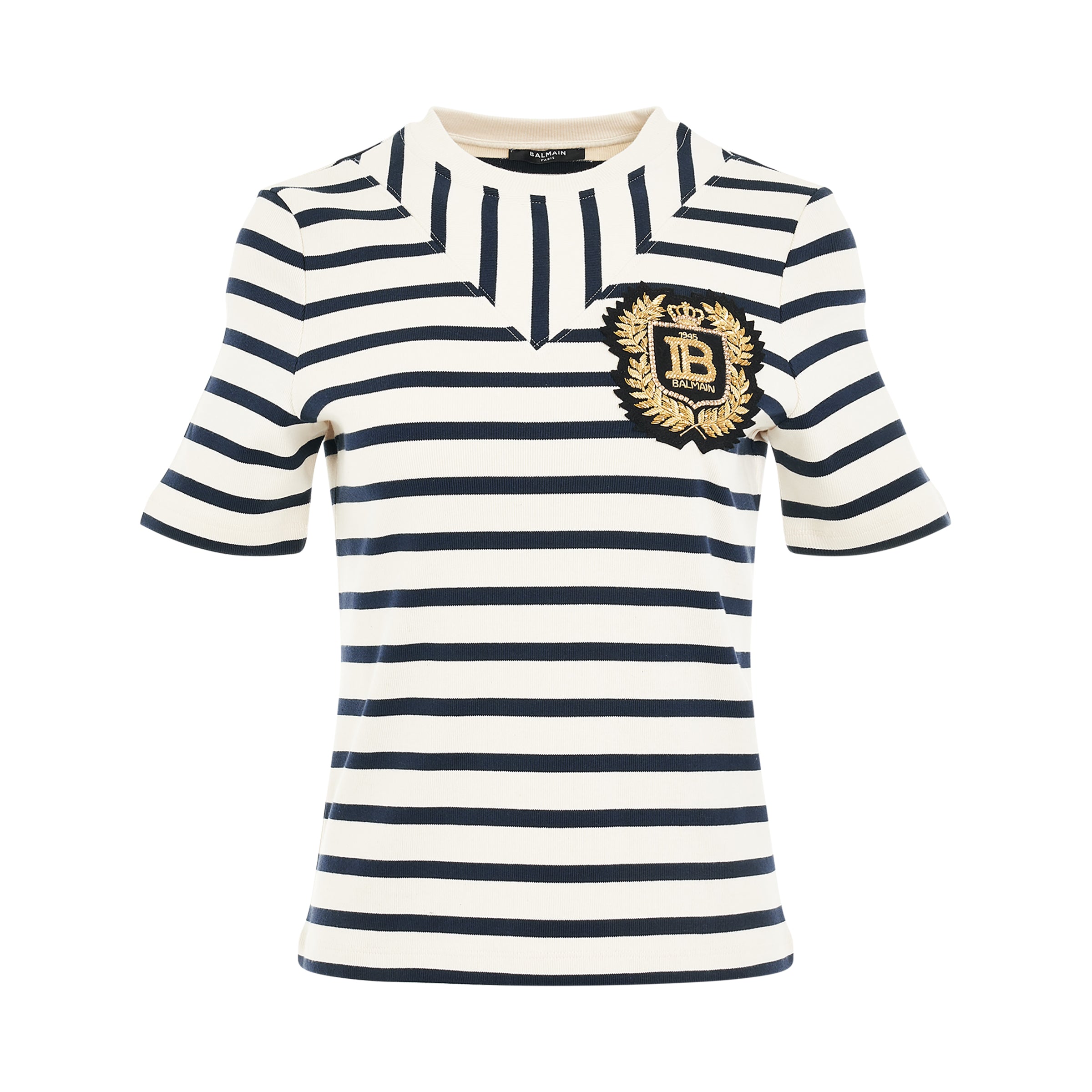 3 Buttons Striped Badge T-Shirt in Cream