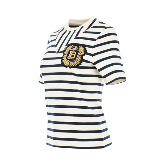 3 Buttons Striped Badge T-Shirt in Cream