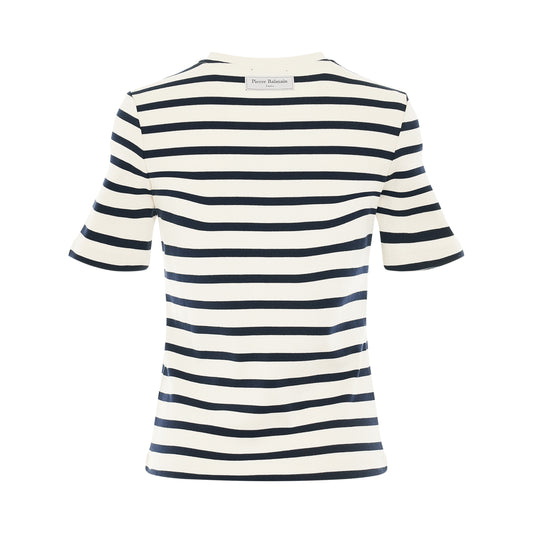 3 Buttons Striped Badge T-Shirt in Cream