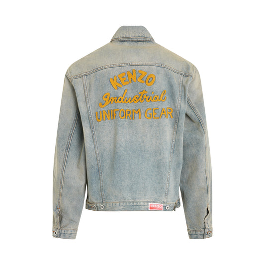 Drawn Varsity Denim Trucker Jacket in Dirty Blue