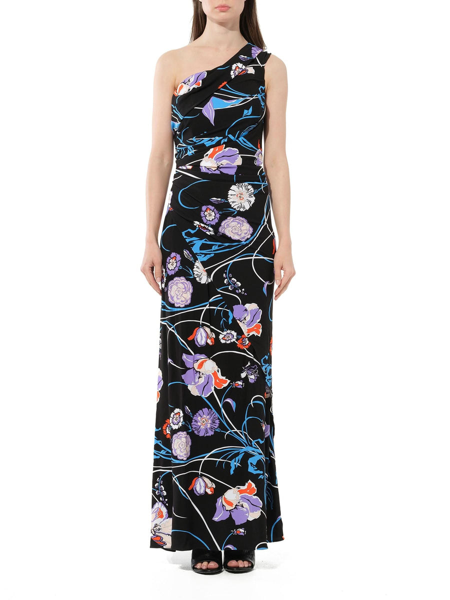 Floral Long Dress in Black/Celeste