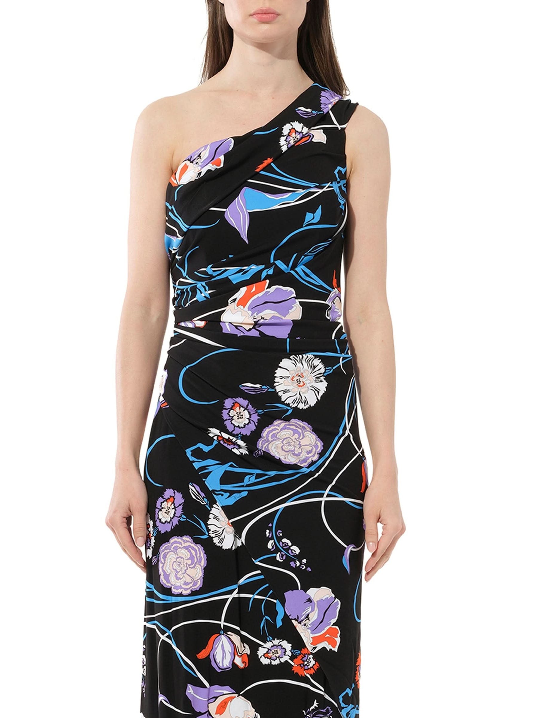 Floral Long Dress in Black/Celeste
