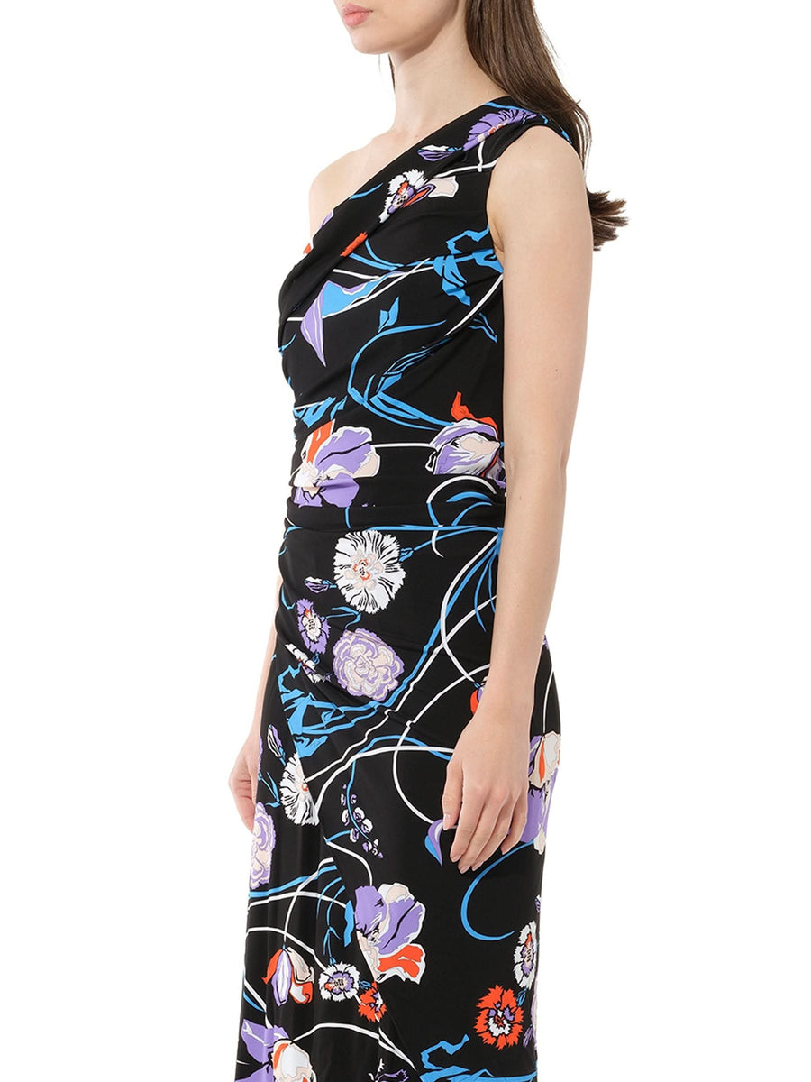 Floral Long Dress in Black/Celeste