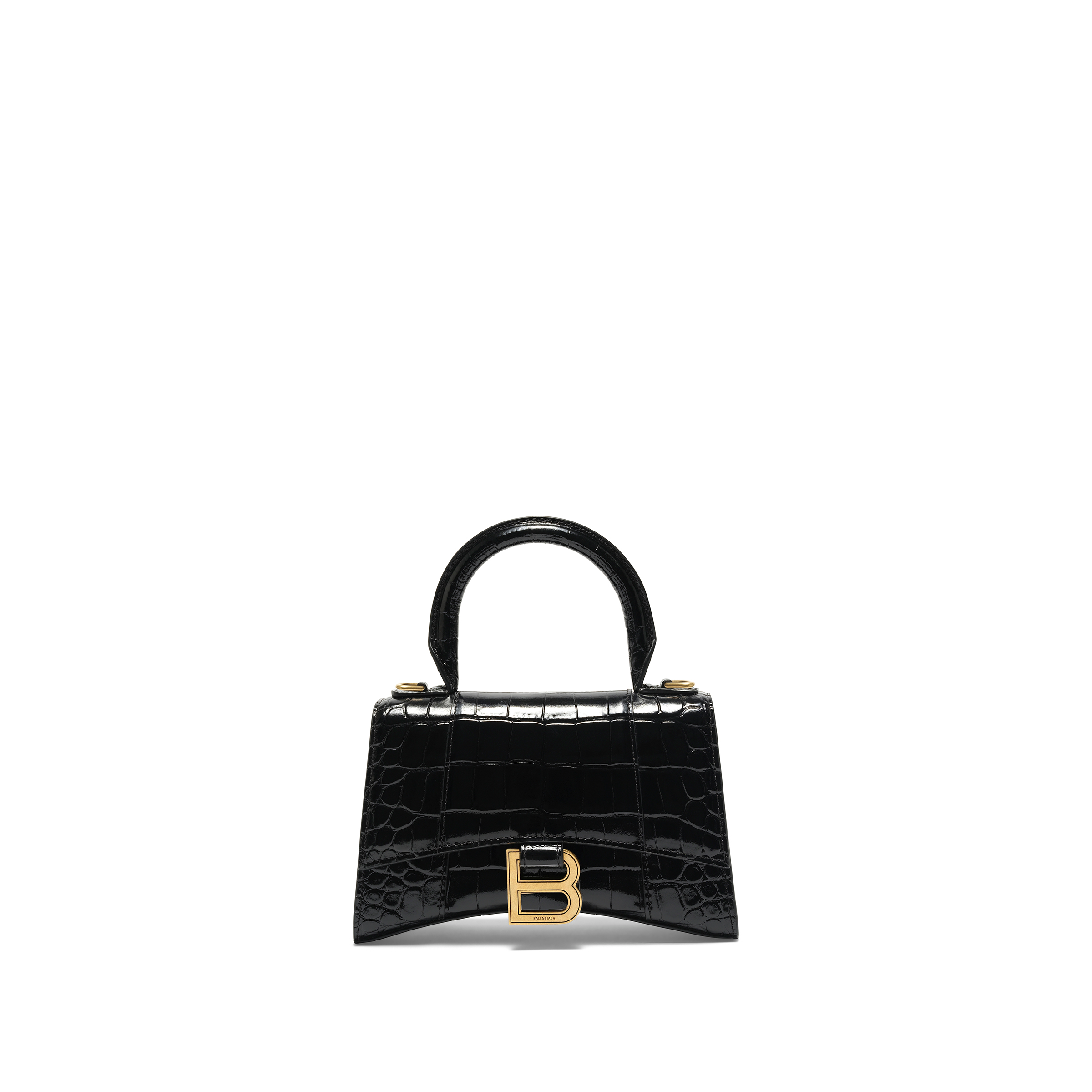 Hourglass XS Croco Embossed Bag in Black with Gold Plaque