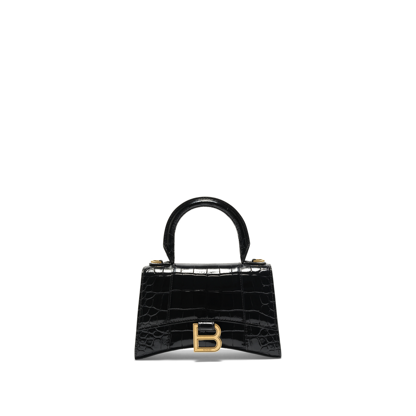 Hourglass XS Croco Embossed Bag in Black with Gold Plaque