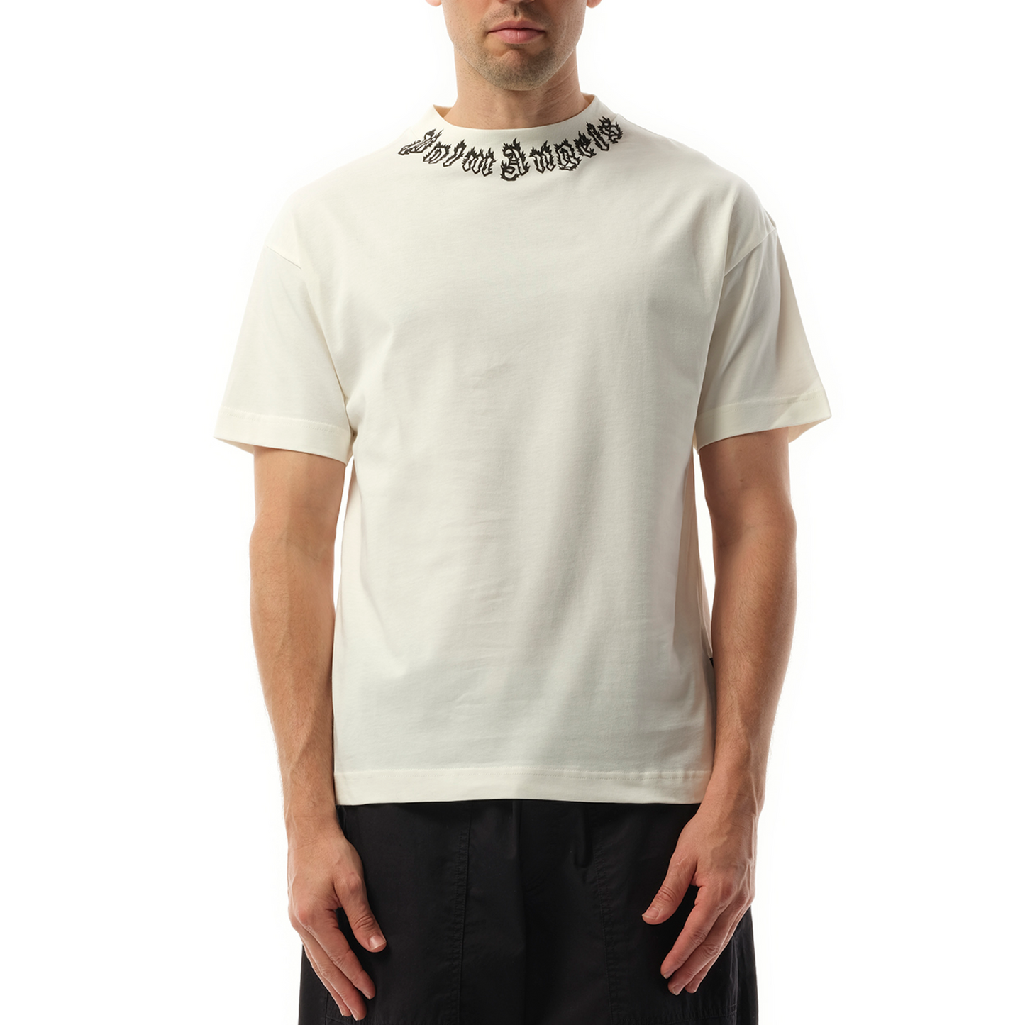 Palm Angels Neck Logo T-Shirt in Off White/Black