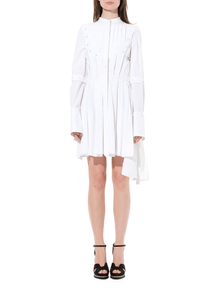 Pleated Sleeves Cotton Dress in White