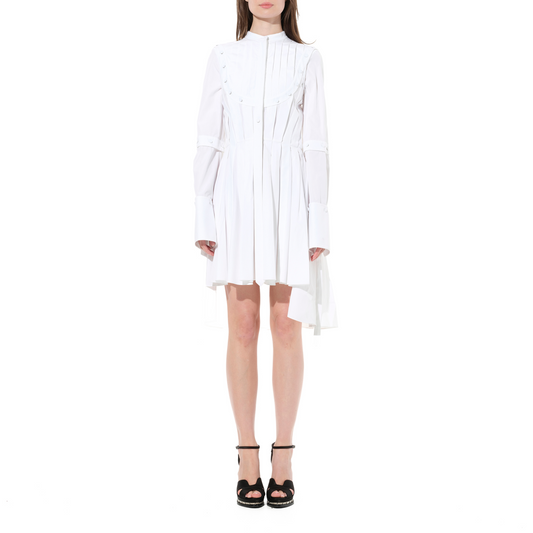 Pleated Sleeves Cotton Dress in White