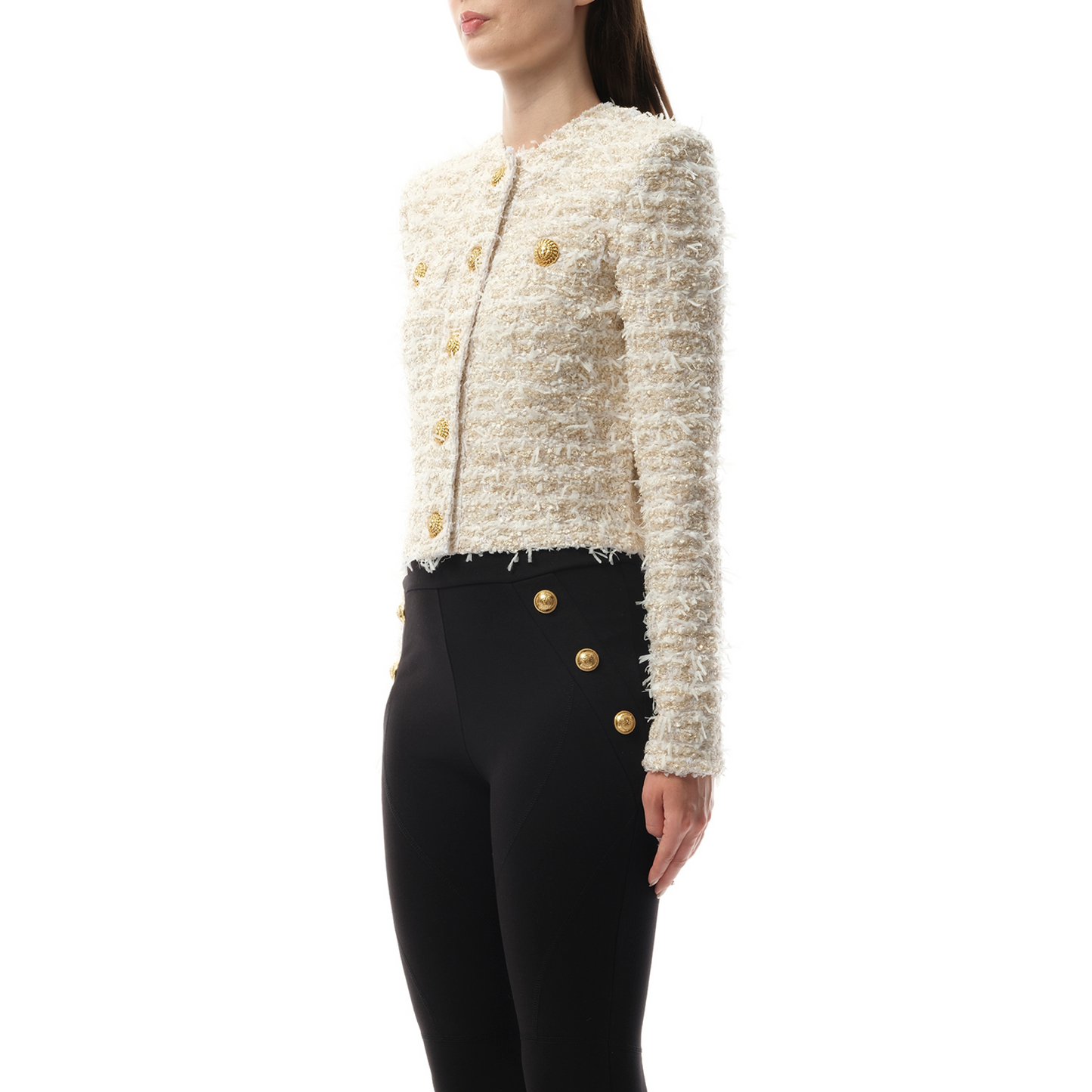 2 Pockets Buttoned Tweed Knit Crop Jacket in White/Gold