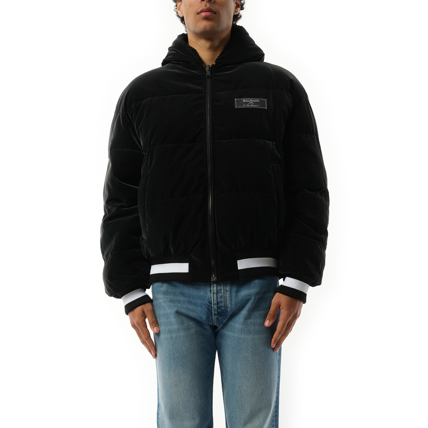 Reversible Hooded Teddy Puffer Jacket in Black/White