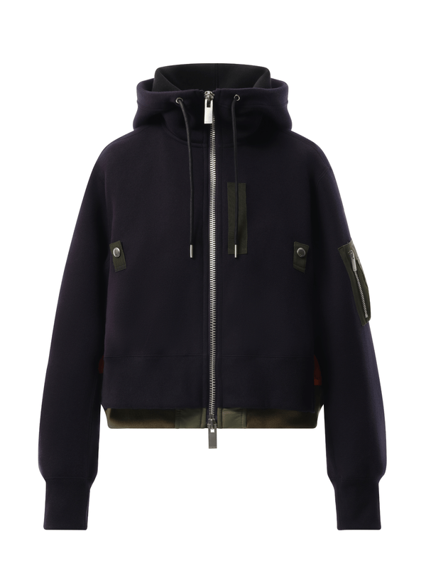 Sacai Sponge Sweat x Nylon Twill Zip Hoodie in Navy/Khaki