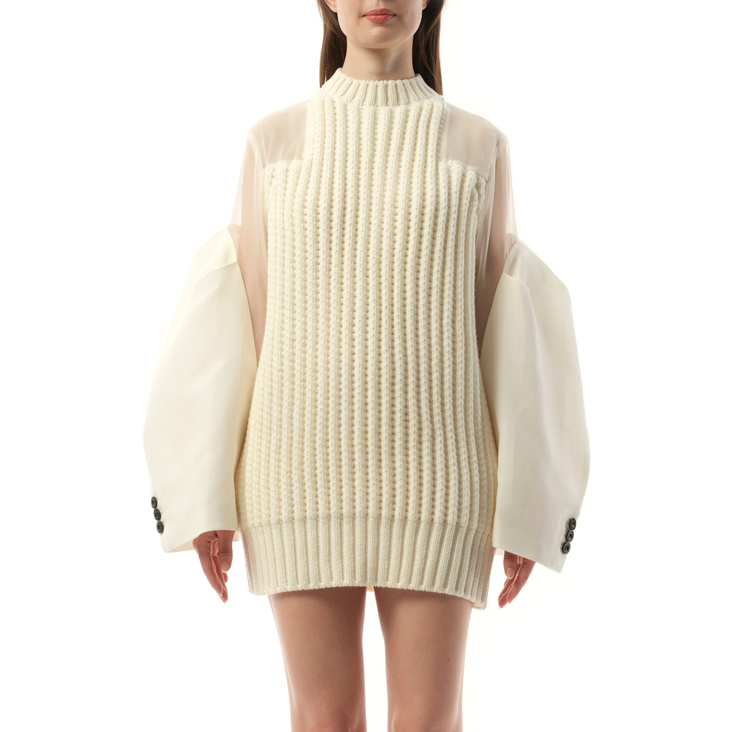 Silk Chiffon Mix Knit Dress in Off White