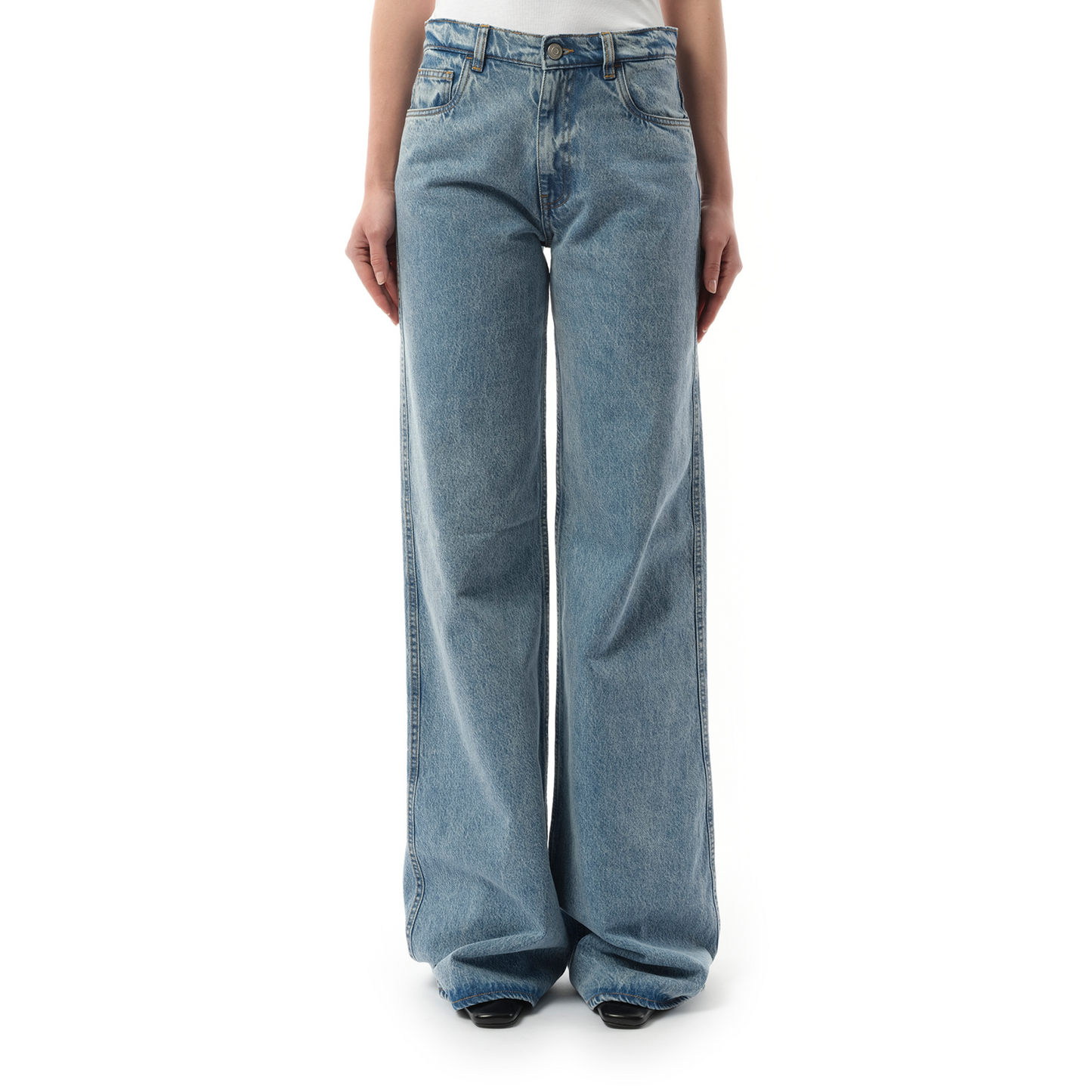 Wide Leg Denim Pants in Blue Washed