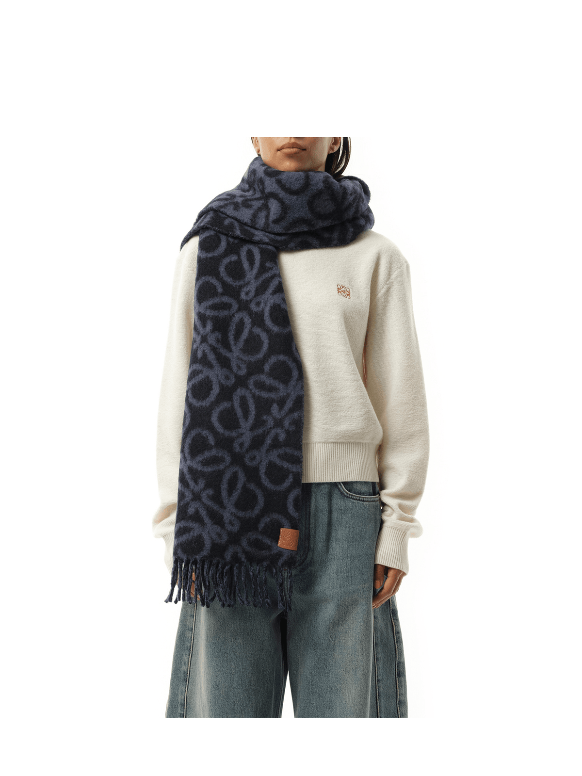 Loewe Textured Anagram Scarf in Navy Blue/Blue