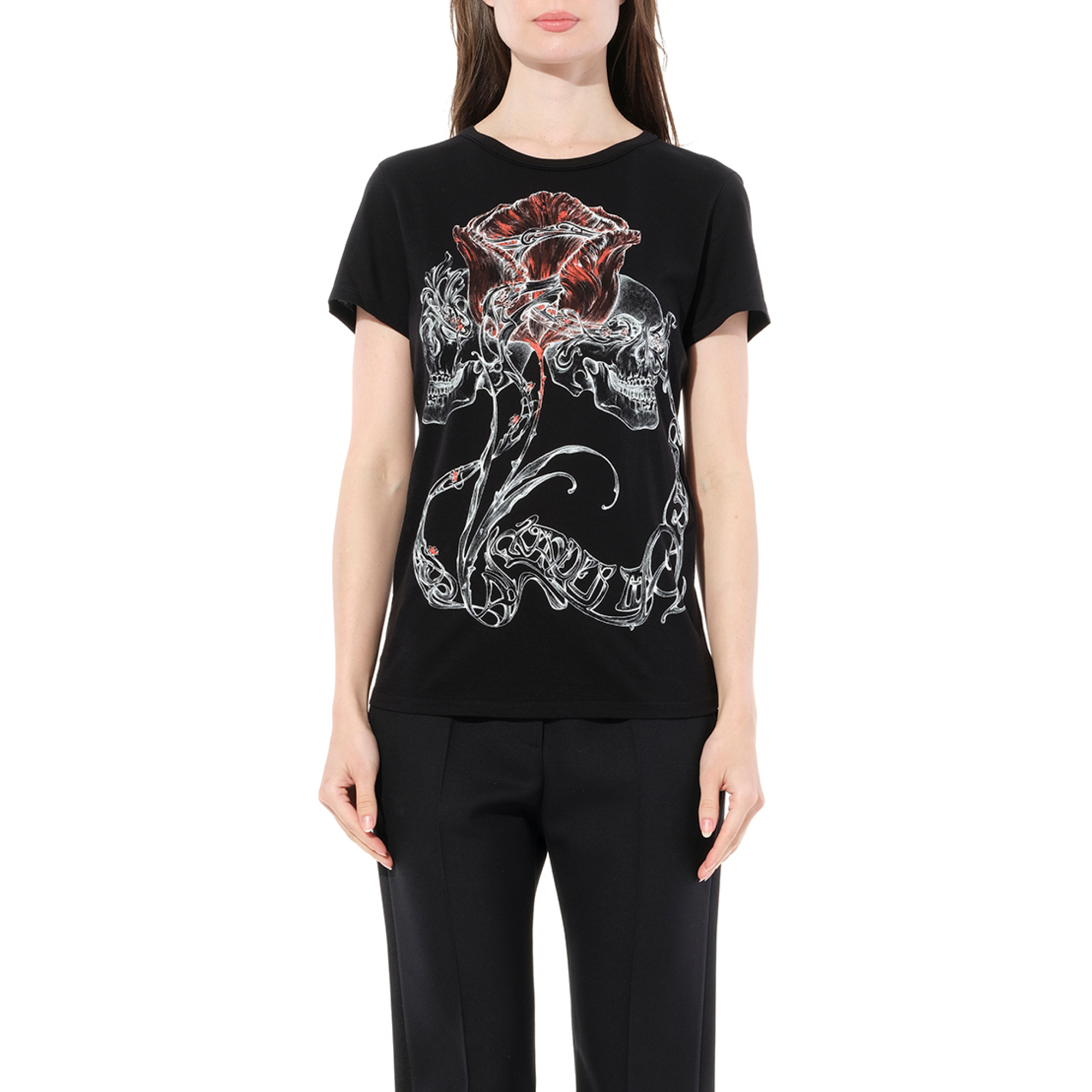 Skull and Rose Print T-Shirt in Black