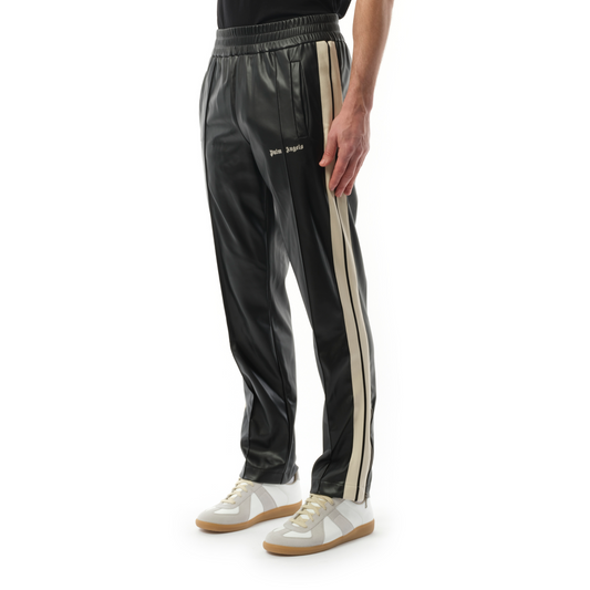 Leather Effect Track Pants in Black/Off White