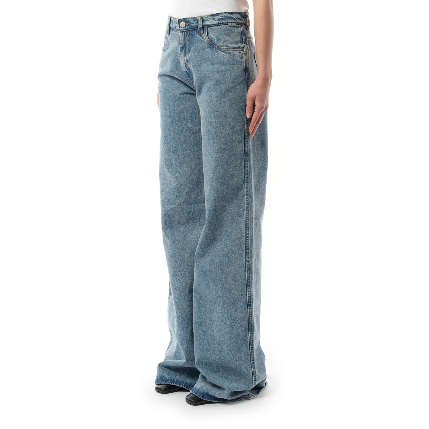 Wide Leg Denim Pants in Blue Washed