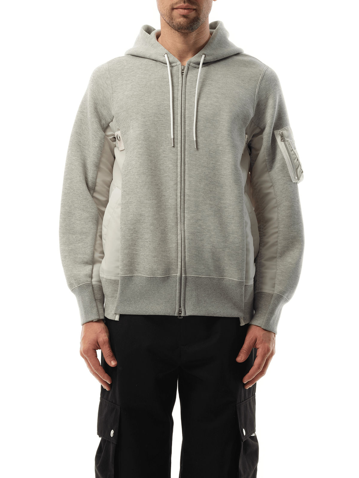 Sacai Sponge Sweat Nylon Twill Zip Hoodie in Light Gray