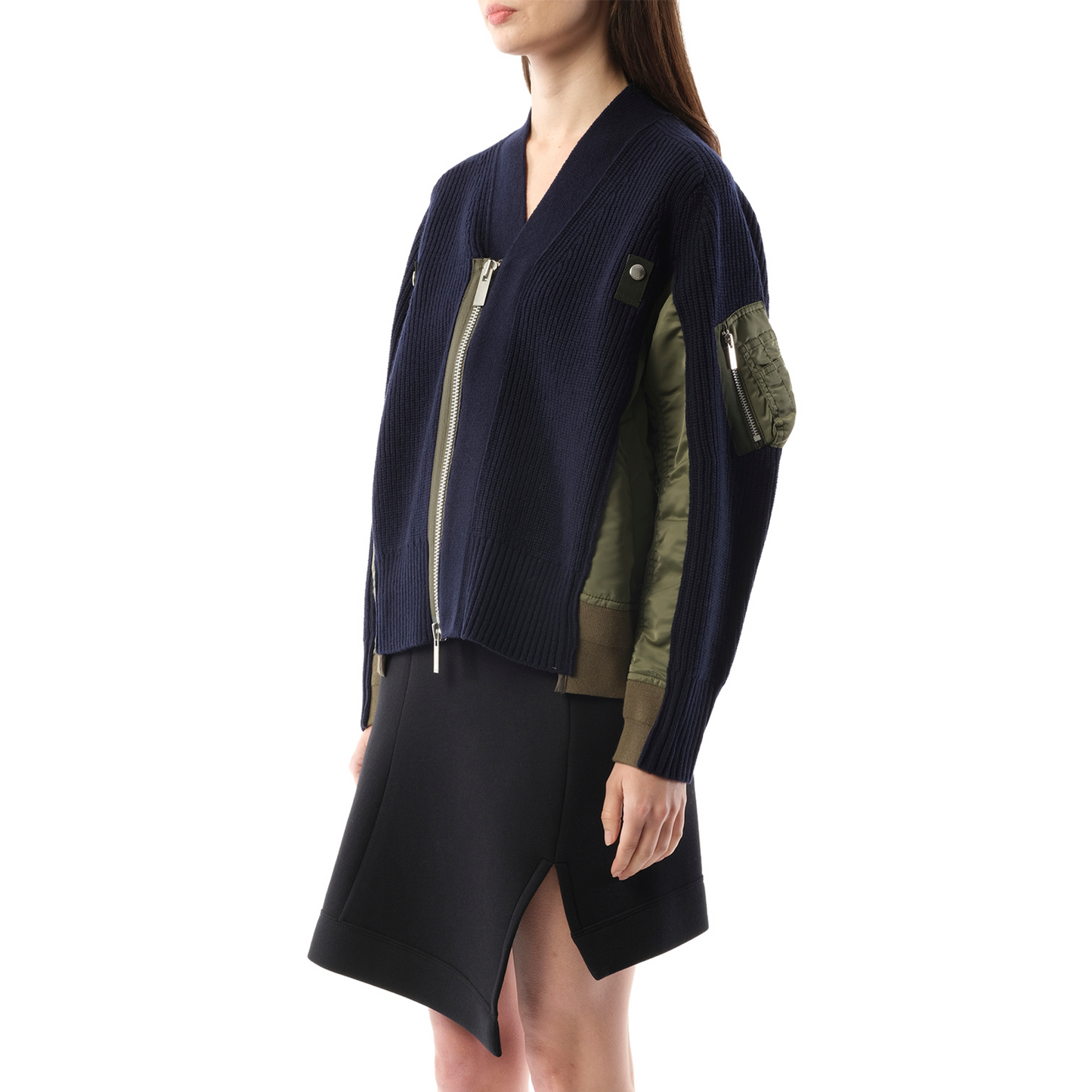 Wool Knit x Nylon Twill Cardigan in Navy/Khaki