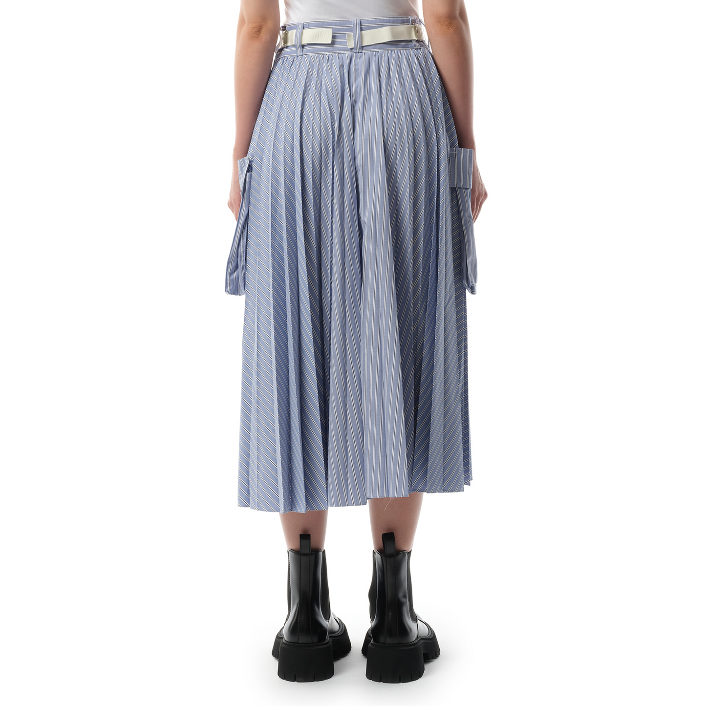 Cotton Poplin Stripe Skirt in Light Blue