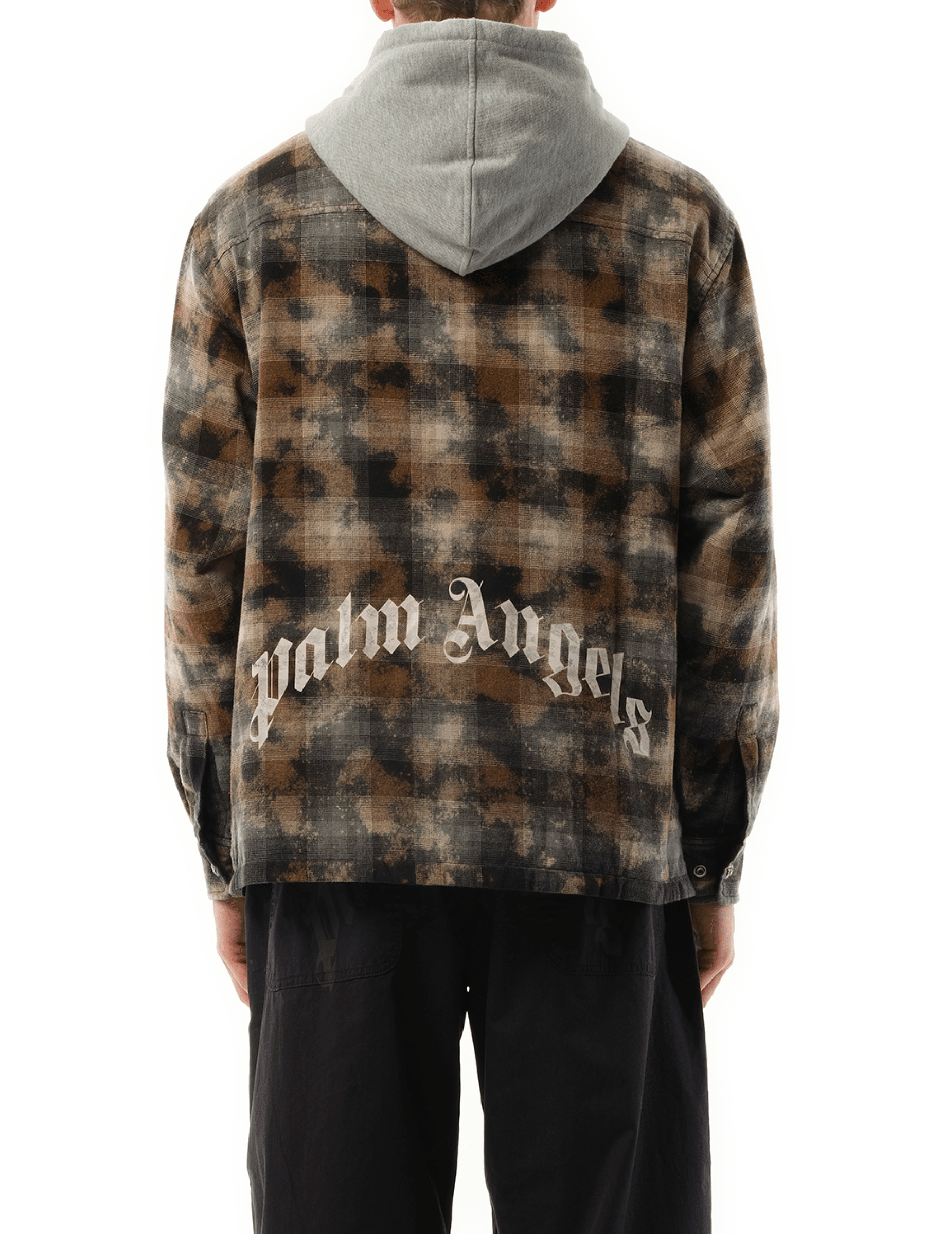 Palm Angels Curved Logo Check Overshirt in Grey/Off White