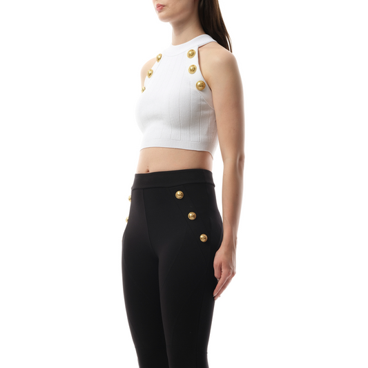 6 Button Halterneck Knit Cropped Top in White