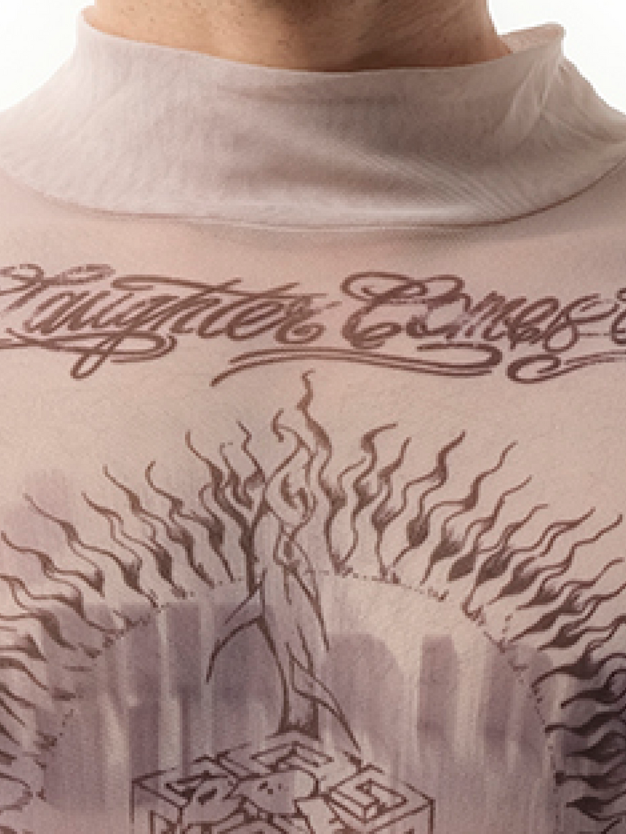 Tattoo Shrine Mesh Long Sleeve T-Shirt in Beige